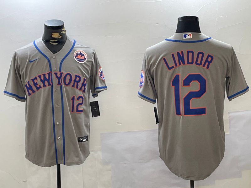 Men New York Mets #12 Lindor Grey Game 2024 Nike MLB Jersey style 1